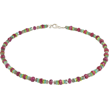 Funk-Collier Edelstein Kette Rubin, Labradorit, Apatit und Peridot, Silber, ca. 46 cm