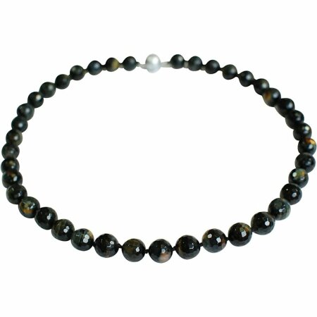 Funk-Collier Edelsteinkette Falkenauge facettiert, ca. 46 cm, Magnetschloss, Damen