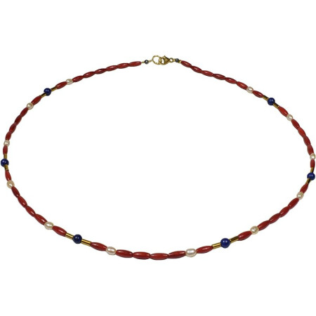 Funk-Collier Bambuskoralle rot, Lapis Lazuli, Sw. Zuchtperle, 925oo SI verg. Karabiner