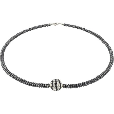 Funk-Collier Edelsteinkette facettierter Hämatit, Paveé Zirkonia Kugel, schwarz/Silber, ca. 45.5 cm